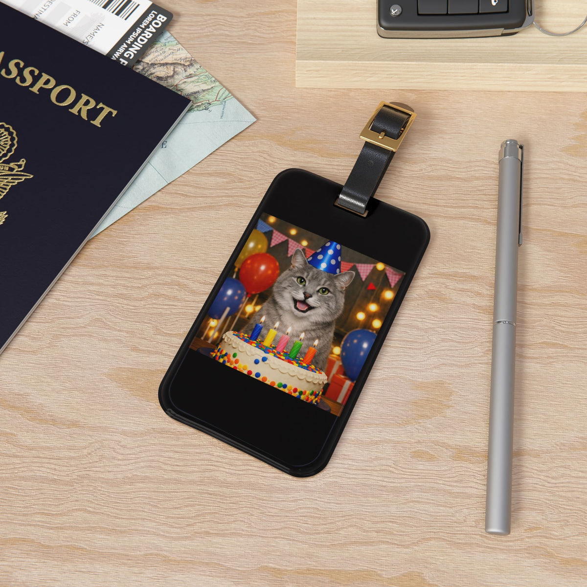 Birthday Buddy Cat Leather Strap Luggage Tag