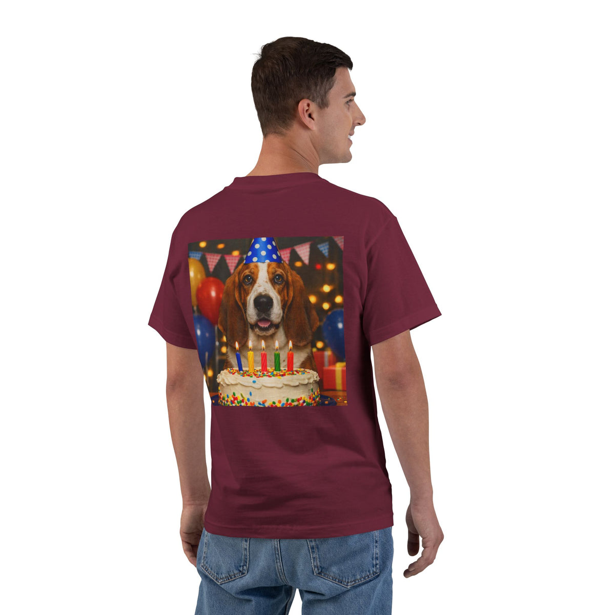 Birthday Buddy Basset Men's Short-Sleeve Crewneck Tee