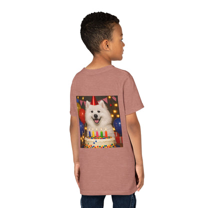 Birthday Buddy Samoyed Youth Unisex Short Sleeve Crewneck Tee
